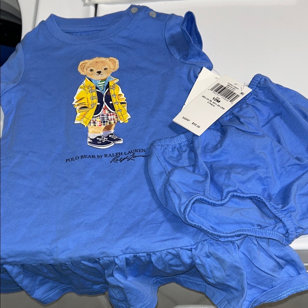 Ralph Lauren Blue Polo Bear Baby Dress Set with Bloomers 12 month NWT